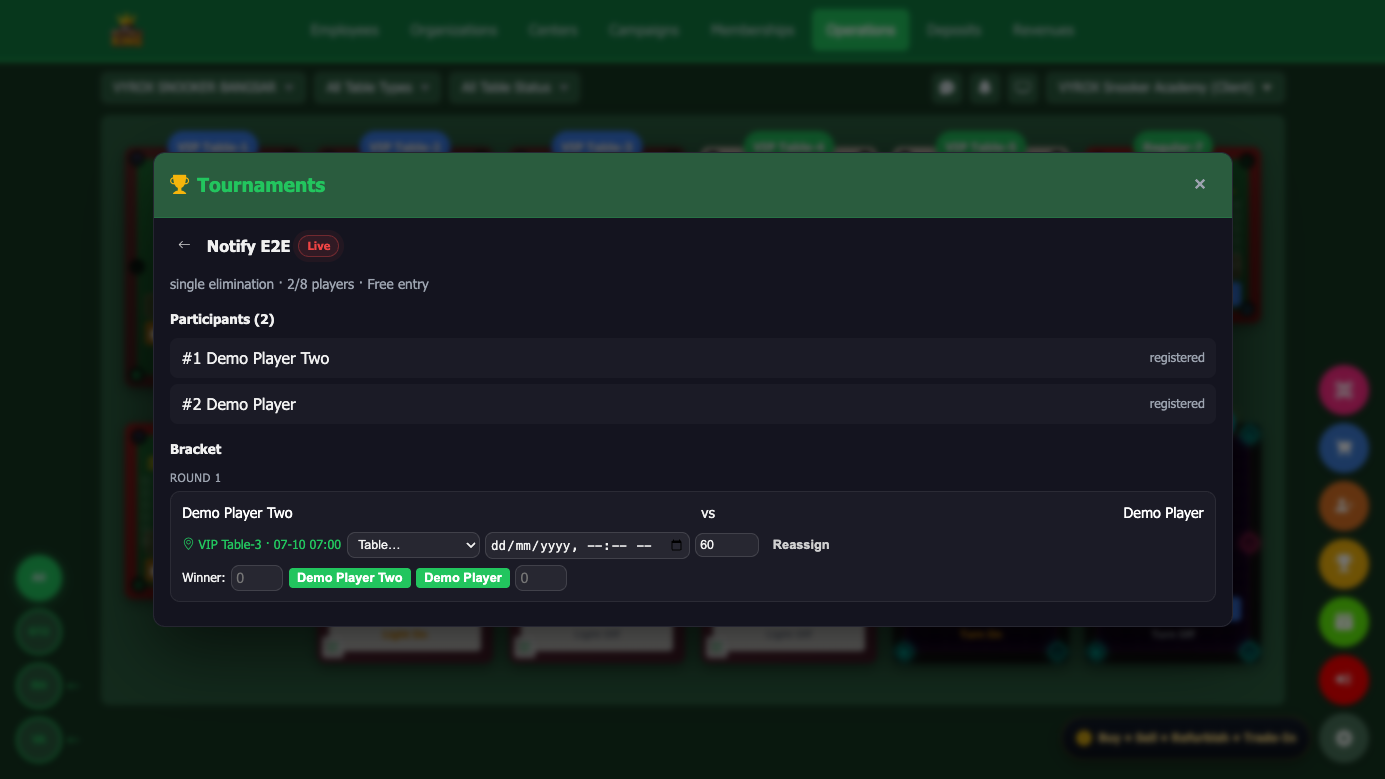 Snooker King tournament hosting - live bracket with participants, table assignment, and one-click winner scoring for the operator's console