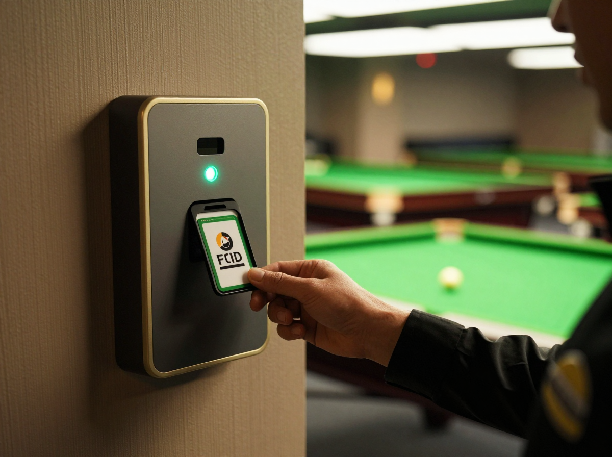 Snooker King staff attendance - employee taps an RFID badge at a wall-mounted clock-in terminal on the club floor